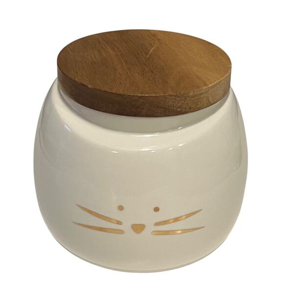 Set of 2 Ceramic Cat Treat Jars Bamboo Lids White Gold Whiskers Pet Canisters - Picture 5 of 13